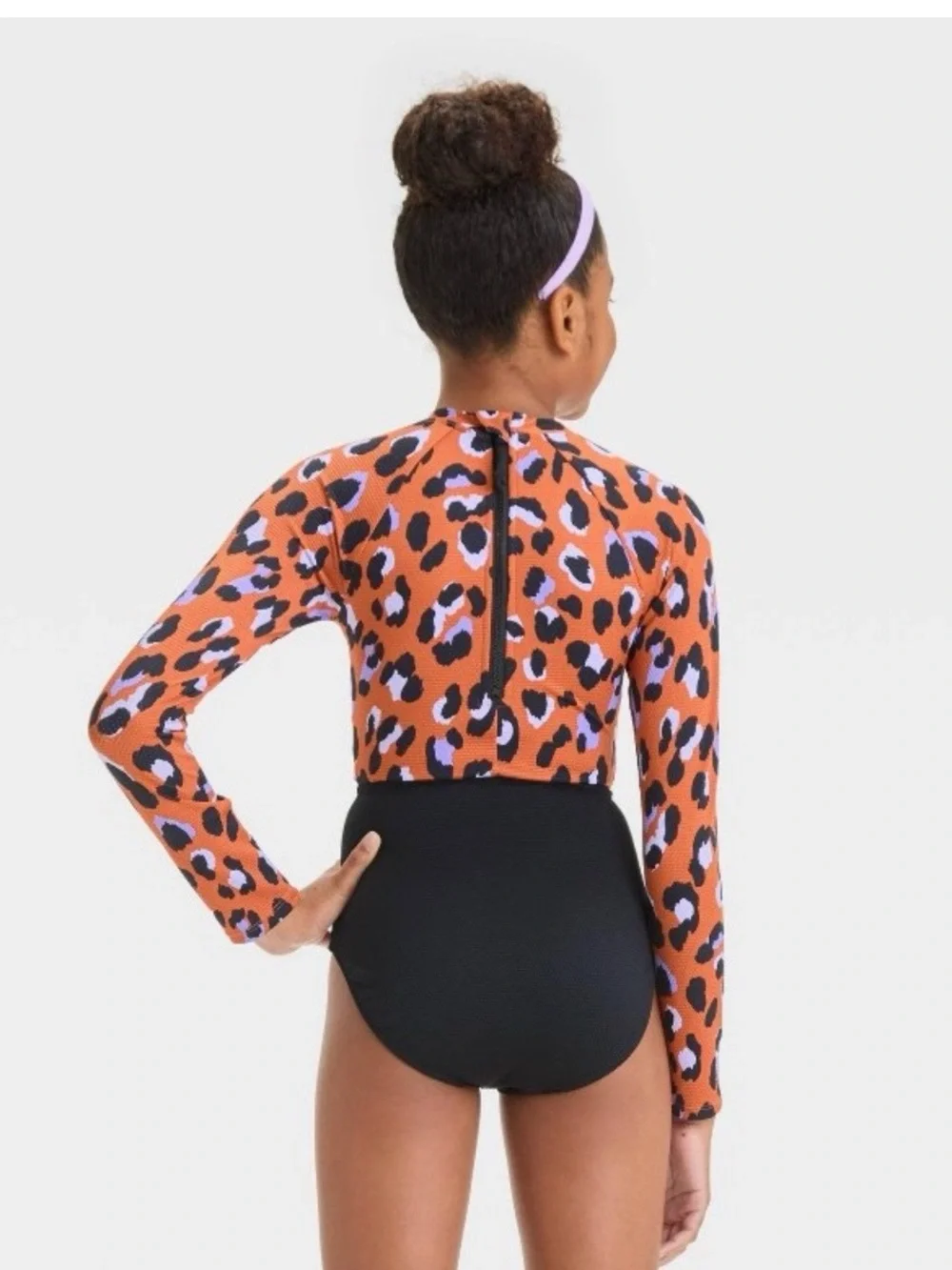 Art class Kids Long Sleeve Rash Guard Swim one piece Orange Leopard NWOT size XL